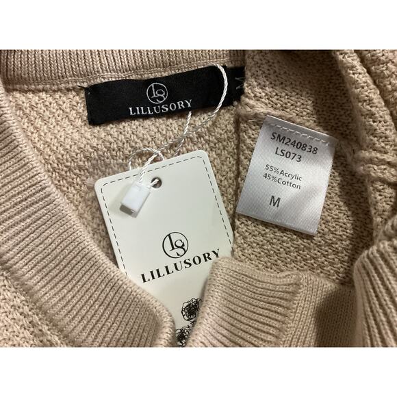 LILLUSORY short-sleeve sweater beige, waffle-knit button-up henley neckline M - Picture 5 of 5